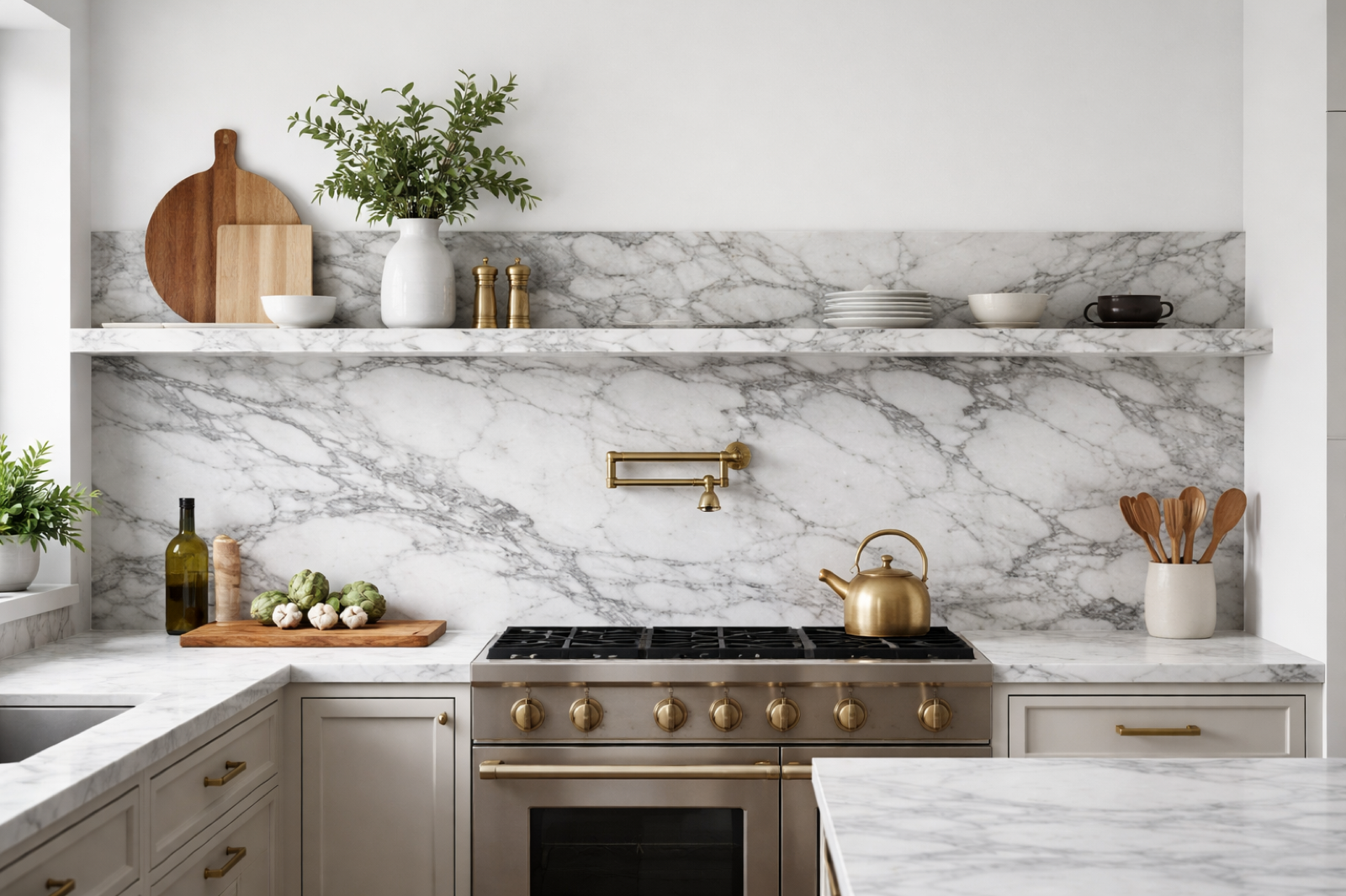 Full-height marble backsplash with shelving