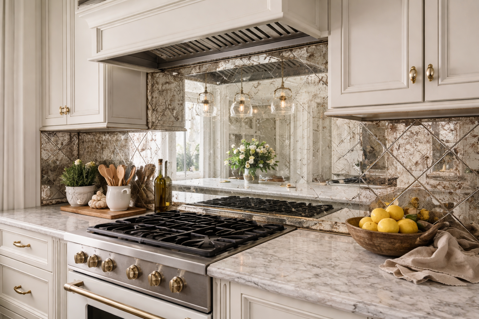 Mirror backsplash with stone vanity